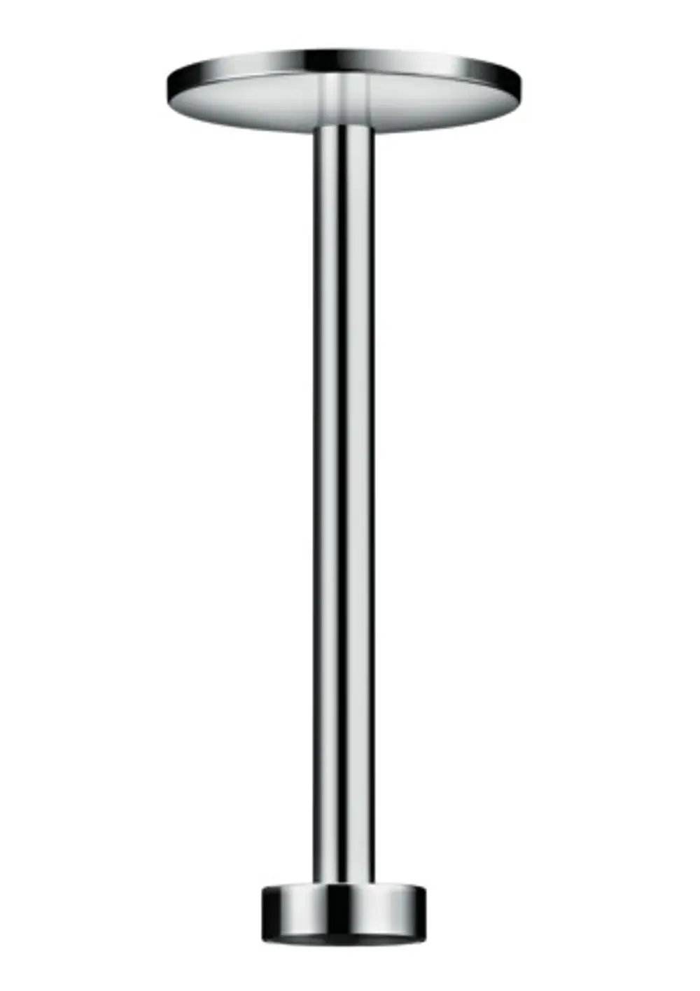 Kreisförmiger, metallischer Deckenanschluss mit senkrechtem Rohr, hergestellt von AXOR. Geeignet zur Montage von Kopfbrausen. Simple, funktionale Form ohne zusätzliche Verzierungen.